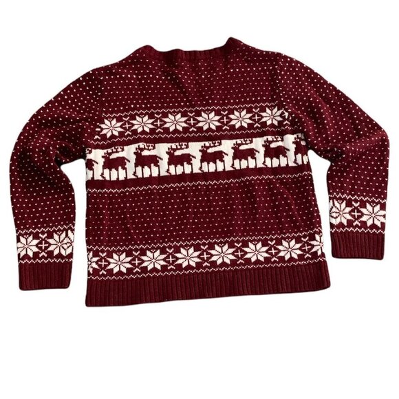 POL Sweater Burgundy & White Sz L Snowflake Reindeer Fair Isle Nordic #216H - Picture 4 of 8